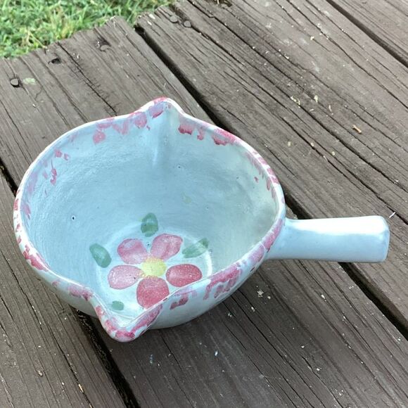 Hand Painted Ceramic Bowl with Handle Spout Pink Flower Kitchen Decor - Picture 3 of 5